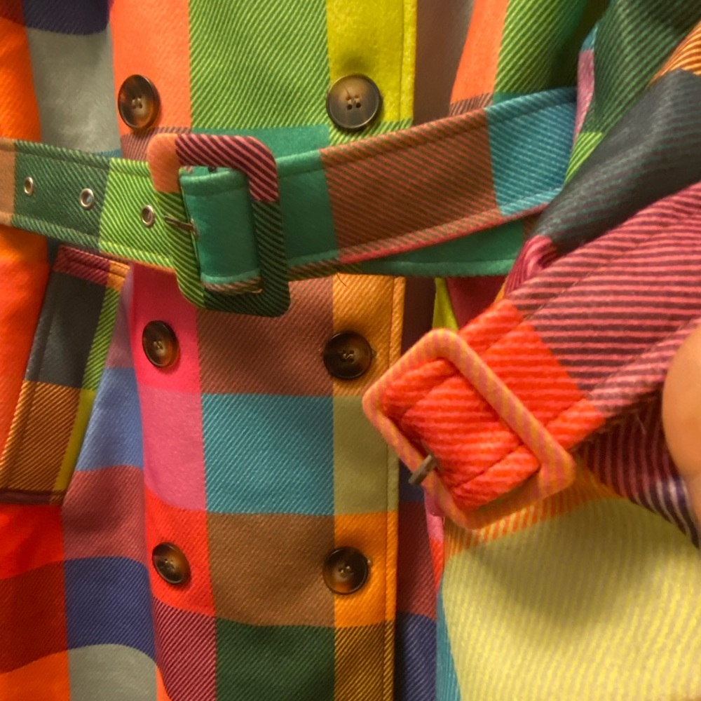 🎉Colorful Checkered Plaid Double Breasted belted Trench Coat - Picture 5 of 12